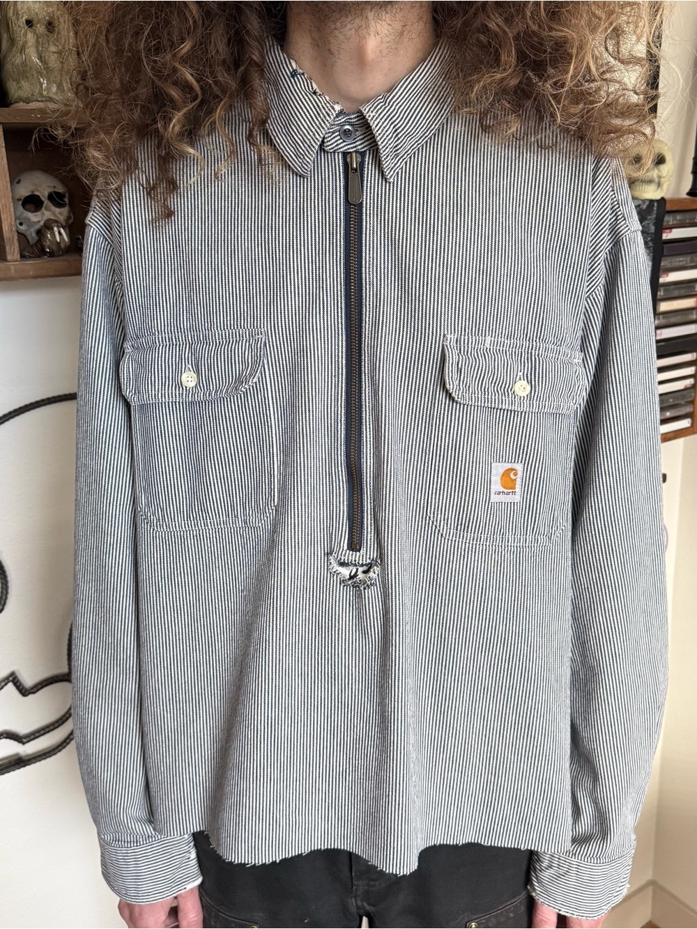 Vintage Y2K Carhartt Distressed Hickory Stripe Cropped 1/2 Zip Shirt ~ Size 2XL